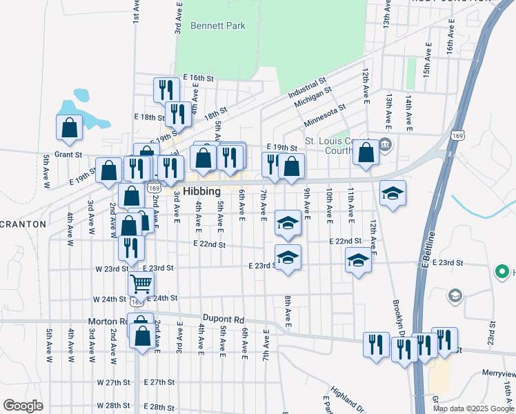 map of restaurants, bars, coffee shops, grocery stores, and more near in Hibbing