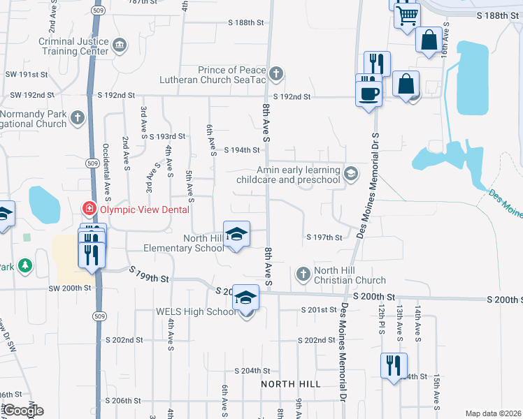 map of restaurants, bars, coffee shops, grocery stores, and more near 19609 8th Avenue South in Des Moines