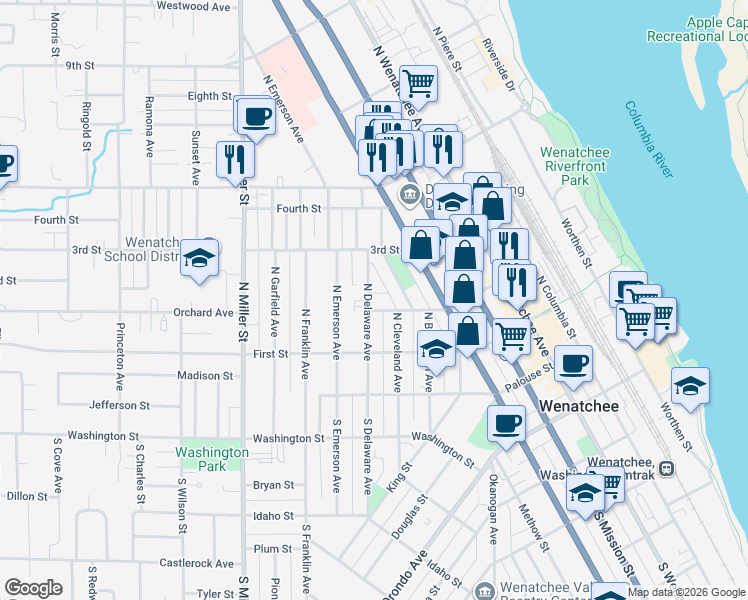map of restaurants, bars, coffee shops, grocery stores, and more near 222 North Delaware Avenue in Wenatchee