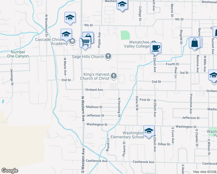 map of restaurants, bars, coffee shops, grocery stores, and more near 1649 Lexington Place in Wenatchee