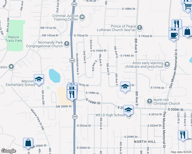 map of restaurants, bars, coffee shops, grocery stores, and more near 19601 4th Avenue South in Des Moines