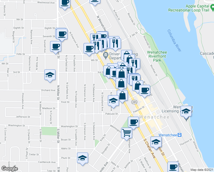 map of restaurants, bars, coffee shops, grocery stores, and more near 226 Pennsylvania Avenue in Wenatchee