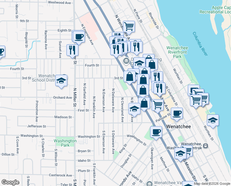 map of restaurants, bars, coffee shops, grocery stores, and more near 222 North Delaware Avenue in Wenatchee