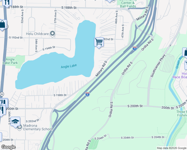 map of restaurants, bars, coffee shops, grocery stores, and more near 19473 Military Road South in SeaTac