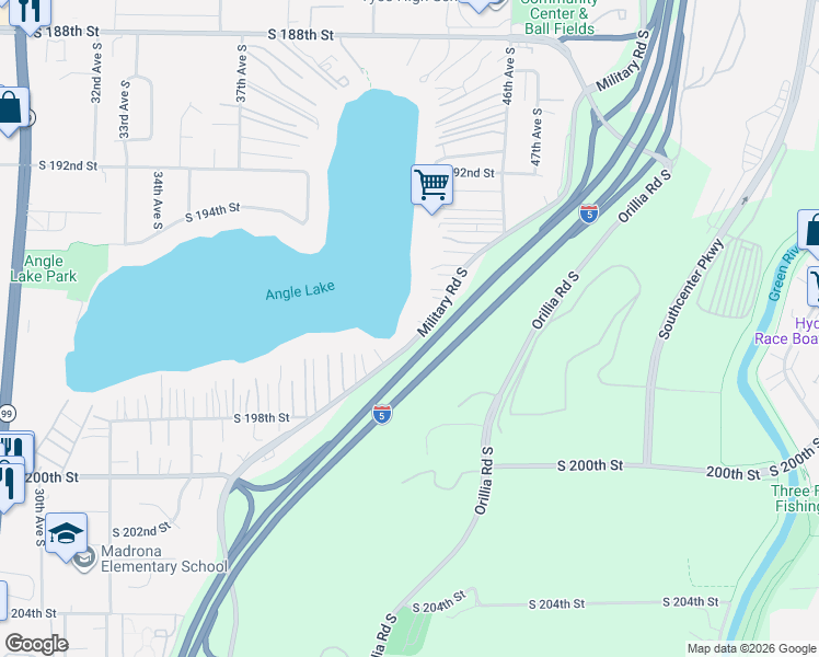 map of restaurants, bars, coffee shops, grocery stores, and more near 19473 Military Road South in SeaTac