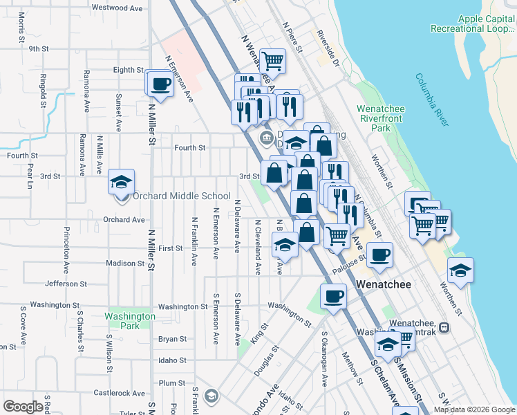 map of restaurants, bars, coffee shops, grocery stores, and more near 216 Pennsylvania Avenue in Wenatchee
