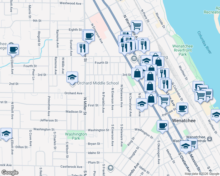 map of restaurants, bars, coffee shops, grocery stores, and more near 220 North Emerson Avenue in Wenatchee