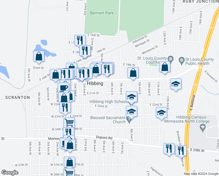 map of restaurants, bars, coffee shops, grocery stores, and more near 530 East Howard Street in Hibbing