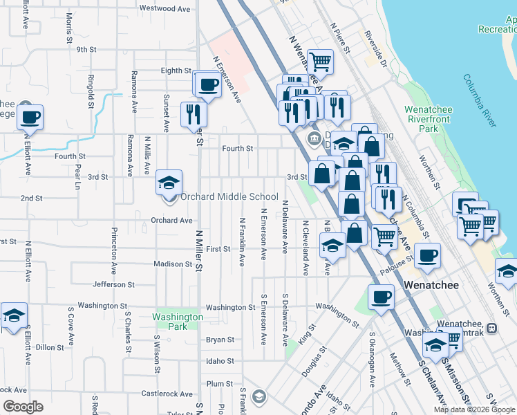 map of restaurants, bars, coffee shops, grocery stores, and more near 220 North Emerson Avenue in Wenatchee