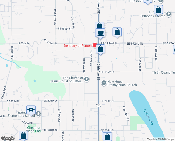 map of restaurants, bars, coffee shops, grocery stores, and more near 10610 Southeast 196th Street in Renton