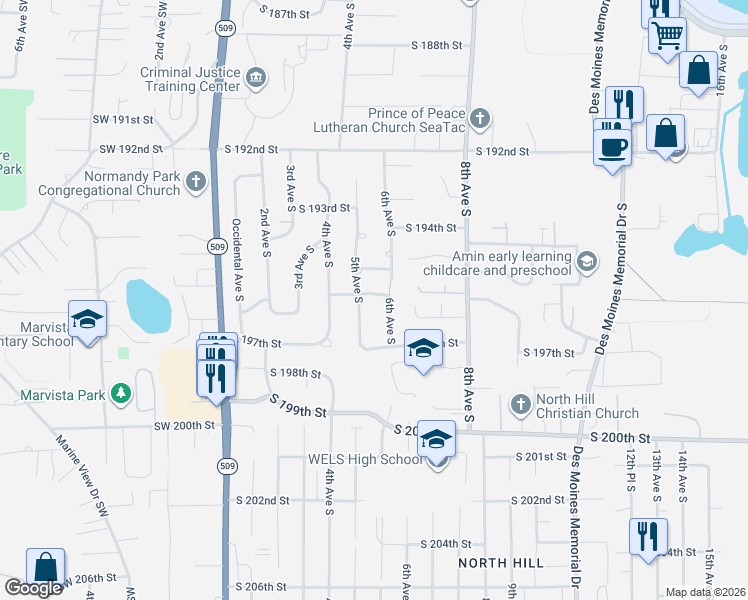 map of restaurants, bars, coffee shops, grocery stores, and more near 511 South 196th Street in Des Moines