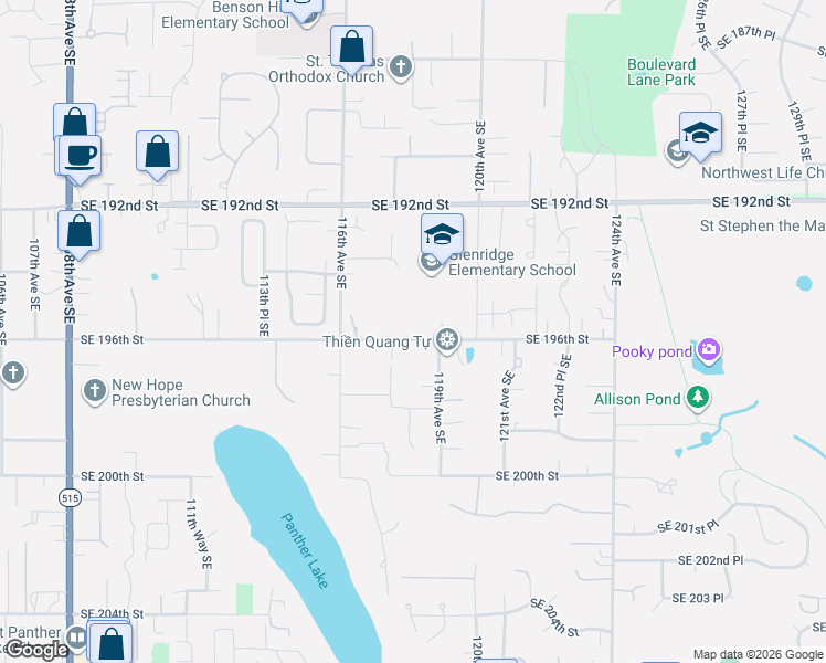 map of restaurants, bars, coffee shops, grocery stores, and more near 11806 Southeast 196th Street in Kent