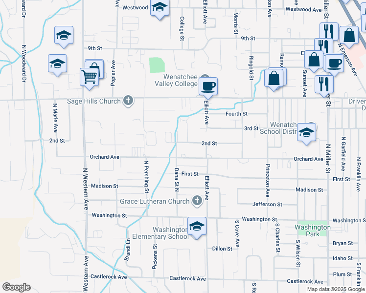 map of restaurants, bars, coffee shops, grocery stores, and more near 1427 2nd Street in Wenatchee
