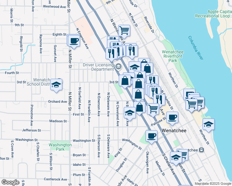 map of restaurants, bars, coffee shops, grocery stores, and more near 226 Pennsylvania Avenue in Wenatchee