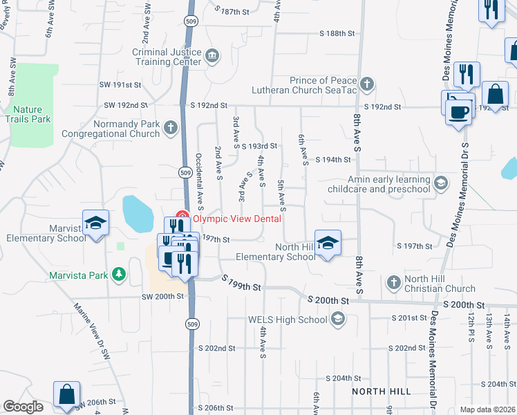 map of restaurants, bars, coffee shops, grocery stores, and more near 19601 4th Avenue South in Des Moines
