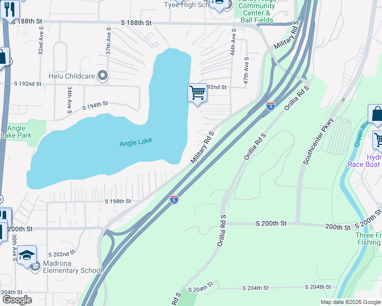 map of restaurants, bars, coffee shops, grocery stores, and more near 19473 Military Road South in SeaTac
