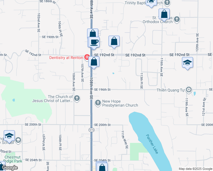 map of restaurants, bars, coffee shops, grocery stores, and more near 10850 Southeast 196th Street in Kent