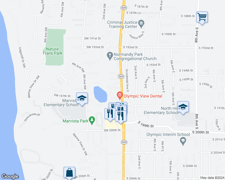 map of restaurants, bars, coffee shops, grocery stores, and more near 19600 1st Place Southwest in Normandy Park