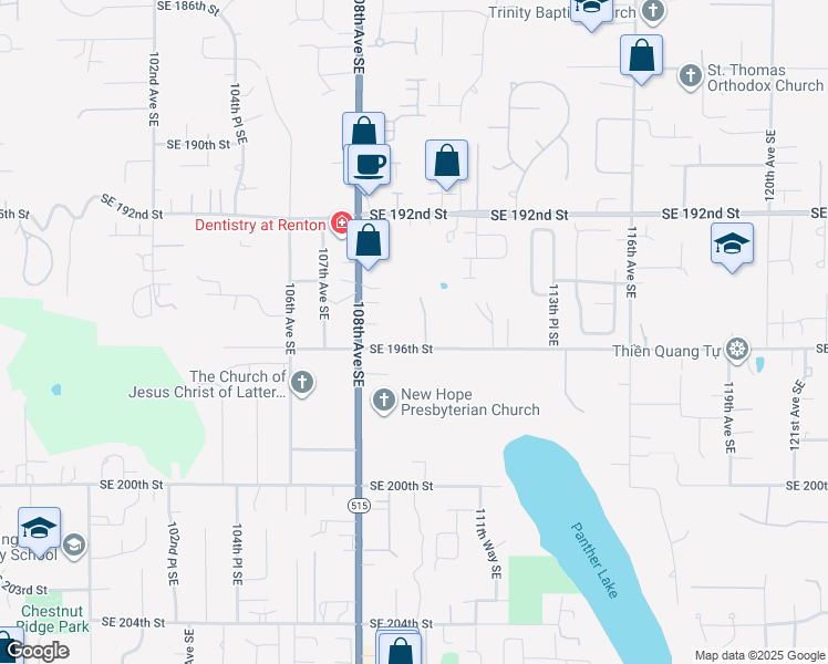 map of restaurants, bars, coffee shops, grocery stores, and more near 10850 Southeast 196th Street in Kent