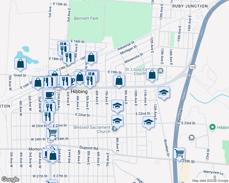 map of restaurants, bars, coffee shops, grocery stores, and more near 2009 8th Avenue East in Hibbing
