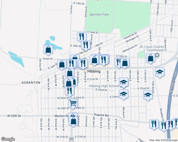 map of restaurants, bars, coffee shops, grocery stores, and more near 310 East Howard Street in Hibbing