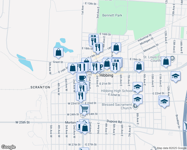 map of restaurants, bars, coffee shops, grocery stores, and more near 212 East Howard Street in Hibbing