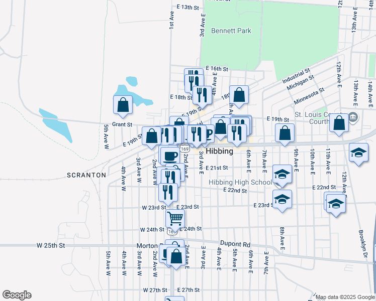 map of restaurants, bars, coffee shops, grocery stores, and more near 212 East Howard Street in Hibbing