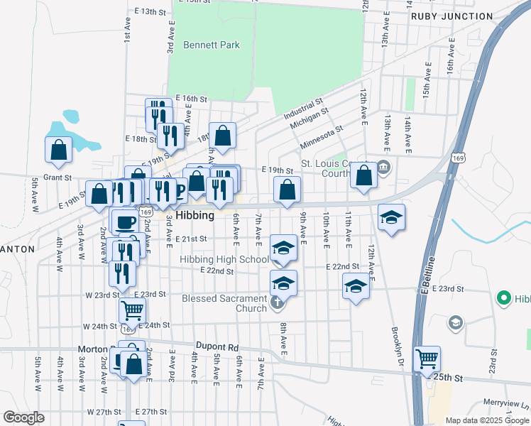 map of restaurants, bars, coffee shops, grocery stores, and more near 704 East Howard Street in Hibbing