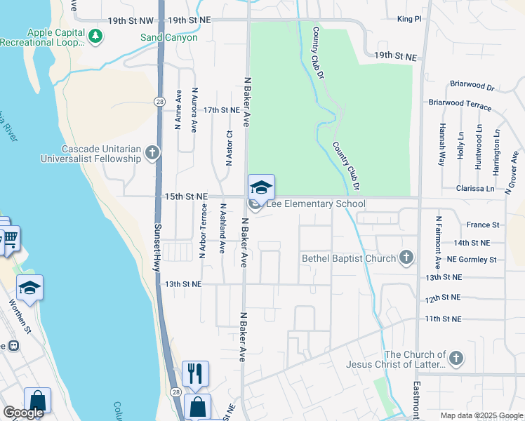 map of restaurants, bars, coffee shops, grocery stores, and more near 1455 North Baker Avenue in East Wenatchee