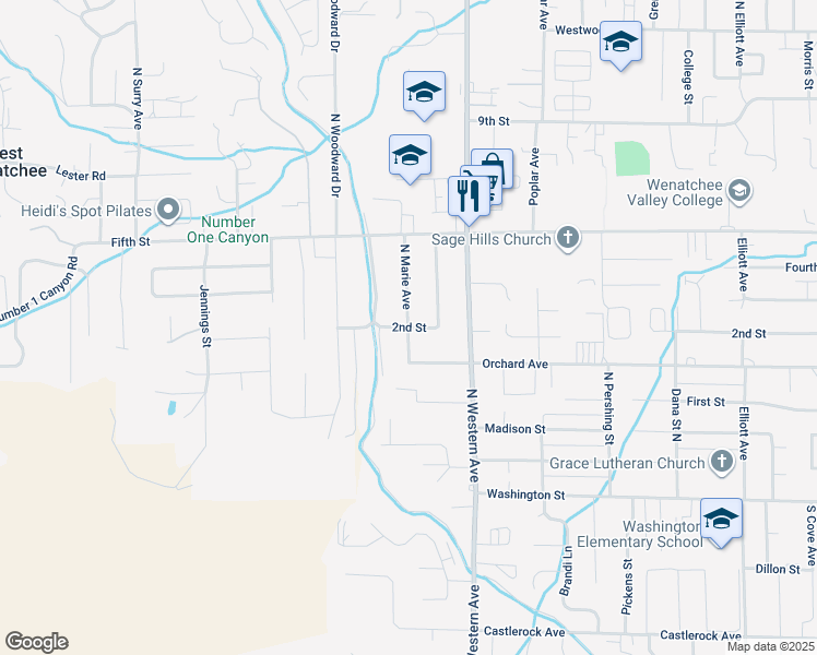 map of restaurants, bars, coffee shops, grocery stores, and more near North Marie Avenue in Wenatchee