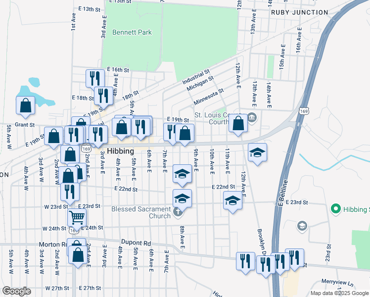 map of restaurants, bars, coffee shops, grocery stores, and more near 2009 8th Avenue East in Hibbing
