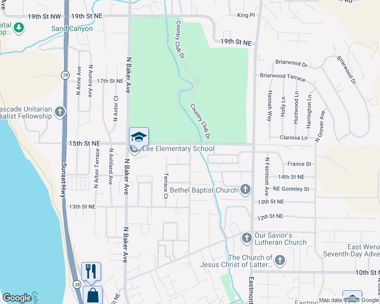 map of restaurants, bars, coffee shops, grocery stores, and more near North Devon Avenue in East Wenatchee