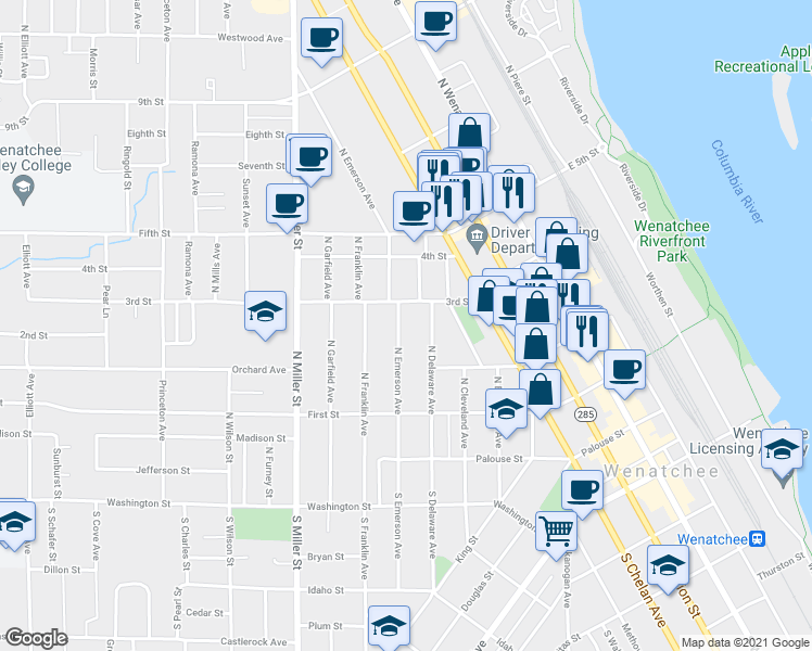 map of restaurants, bars, coffee shops, grocery stores, and more near 231 North Emerson Avenue in Wenatchee