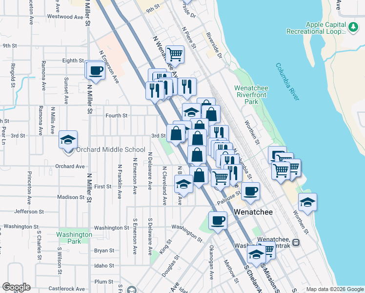 map of restaurants, bars, coffee shops, grocery stores, and more near 233 North Chelan Avenue in Wenatchee