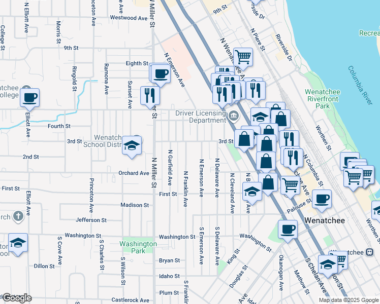 map of restaurants, bars, coffee shops, grocery stores, and more near 220 North Emerson Avenue in Wenatchee