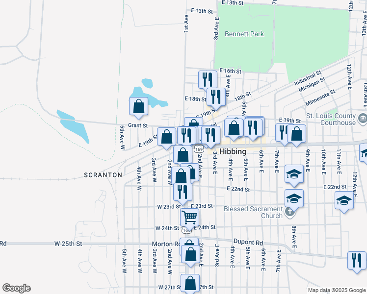 map of restaurants, bars, coffee shops, grocery stores, and more near 1st Avenue & East Howard Street in Hibbing
