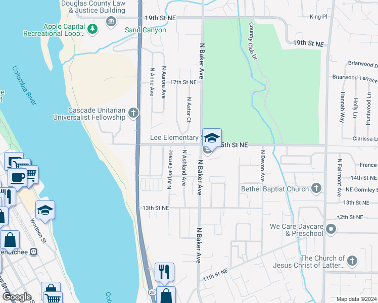 map of restaurants, bars, coffee shops, grocery stores, and more near 1451 North Ashland Avenue in East Wenatchee