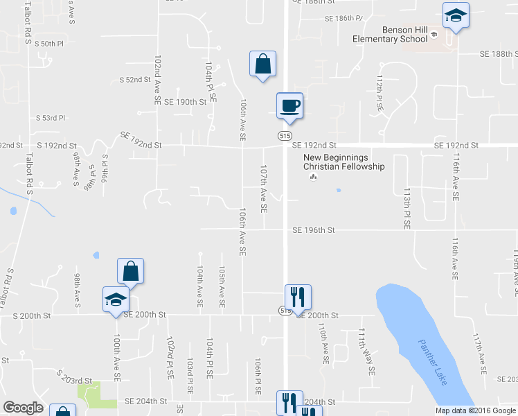 map of restaurants, bars, coffee shops, grocery stores, and more near 10610 Southeast 196th Street in Renton