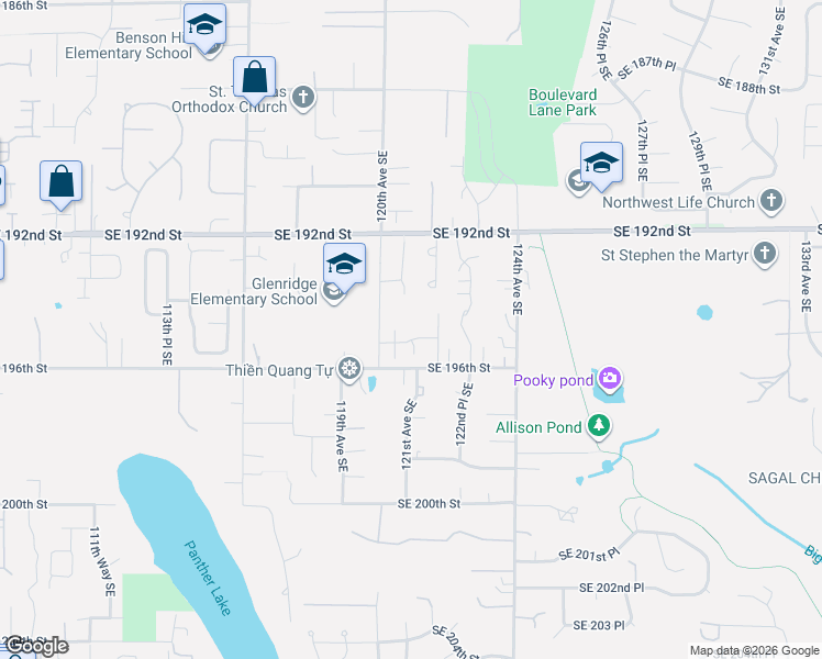 map of restaurants, bars, coffee shops, grocery stores, and more near 19520 121st Avenue Southeast in Kent