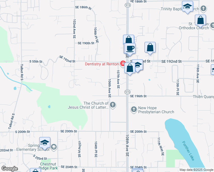 map of restaurants, bars, coffee shops, grocery stores, and more near 10440 Southeast 196th Street in Renton