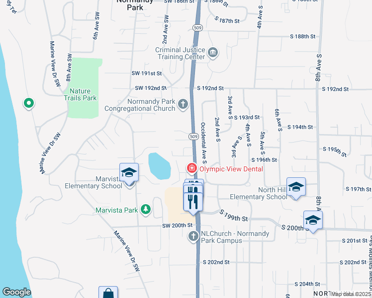 map of restaurants, bars, coffee shops, grocery stores, and more near 19600 1st Place Southwest in Normandy Park