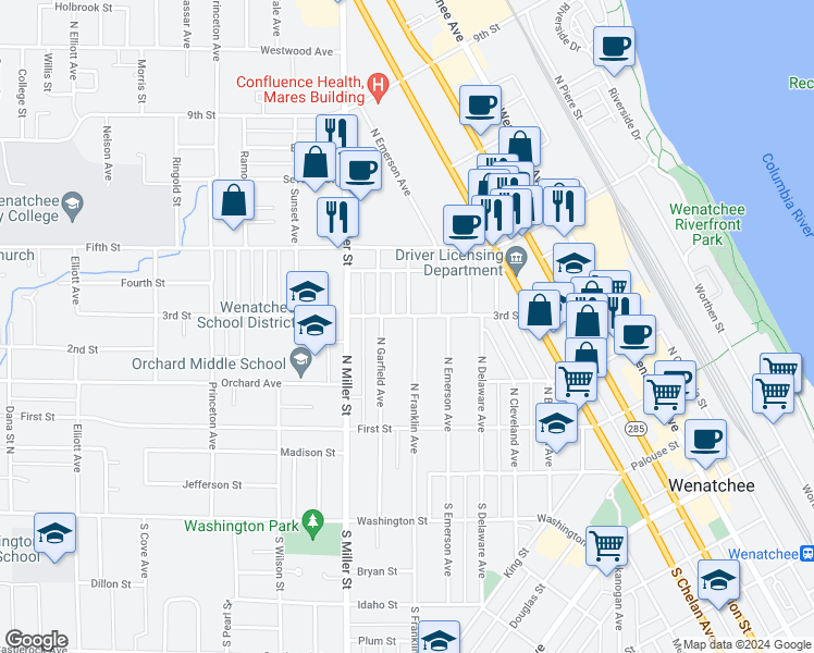 map of restaurants, bars, coffee shops, grocery stores, and more near 242 North Franklin Avenue in Wenatchee