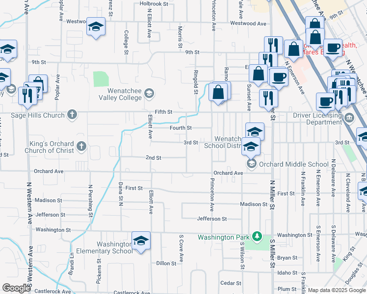 map of restaurants, bars, coffee shops, grocery stores, and more near 232 Pear Lane in Wenatchee