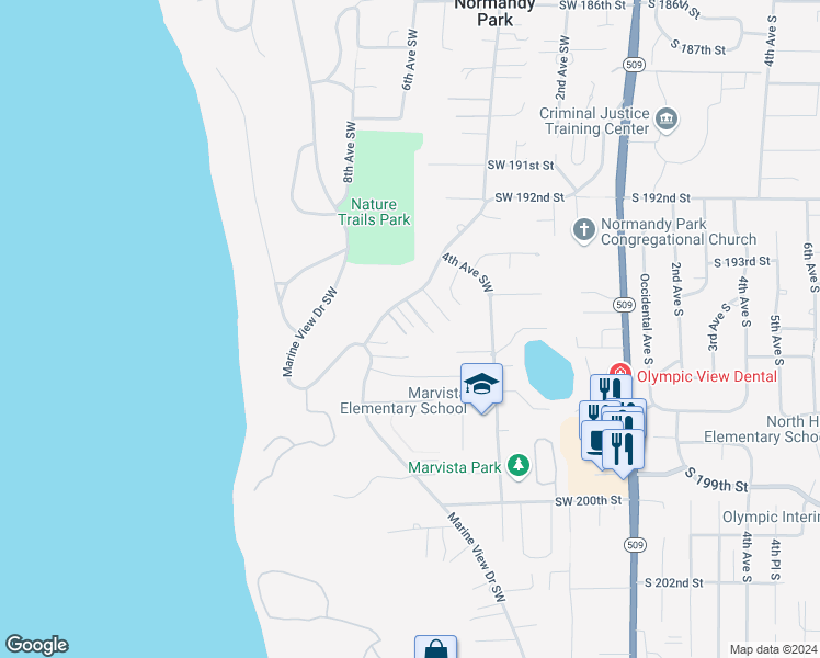 map of restaurants, bars, coffee shops, grocery stores, and more near 19446 Normandy Park Drive Southwest in Normandy Park
