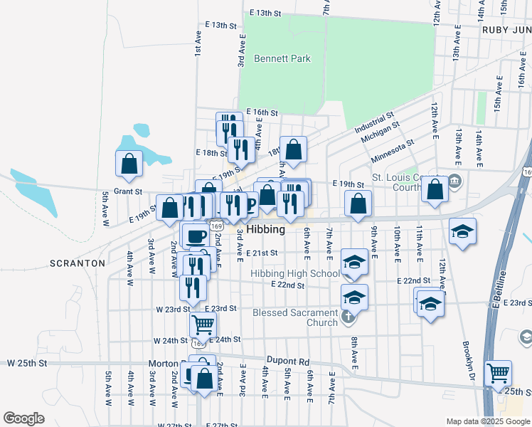 map of restaurants, bars, coffee shops, grocery stores, and more near 1921 5th Avenue East in Hibbing