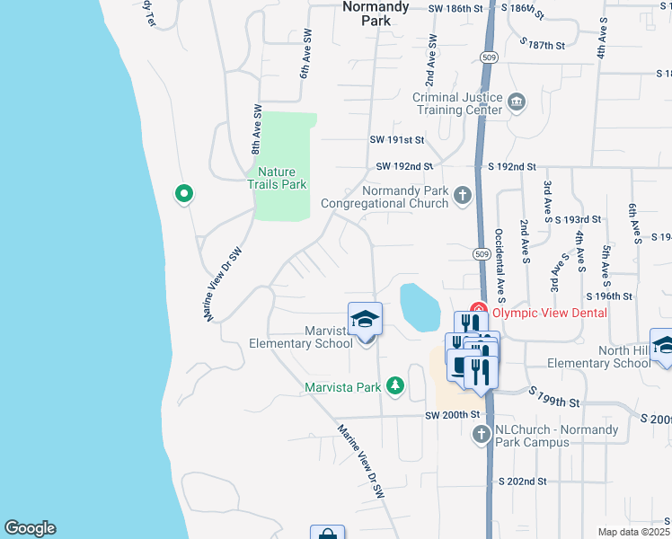 map of restaurants, bars, coffee shops, grocery stores, and more near 19412 Normandy Park Drive Southwest in Normandy Park