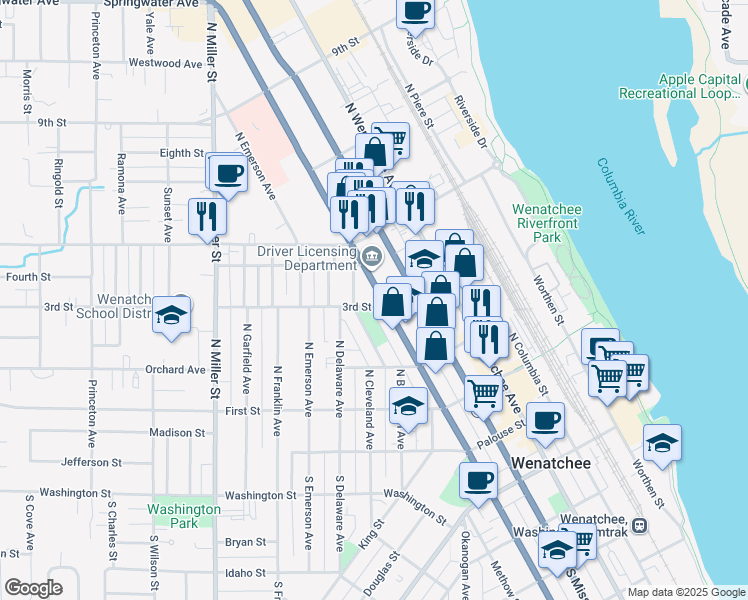 map of restaurants, bars, coffee shops, grocery stores, and more near 304 North Chelan Avenue in Wenatchee