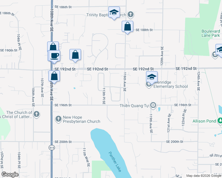 map of restaurants, bars, coffee shops, grocery stores, and more near 11413 Southeast 194th Street in Kent
