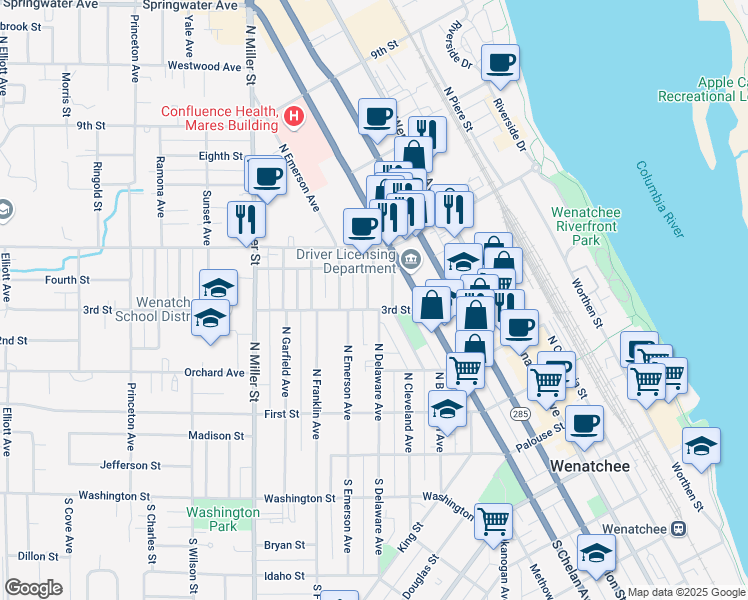 map of restaurants, bars, coffee shops, grocery stores, and more near 309 North Delaware Avenue in Wenatchee