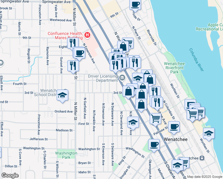 map of restaurants, bars, coffee shops, grocery stores, and more near 309 North Delaware Avenue in Wenatchee